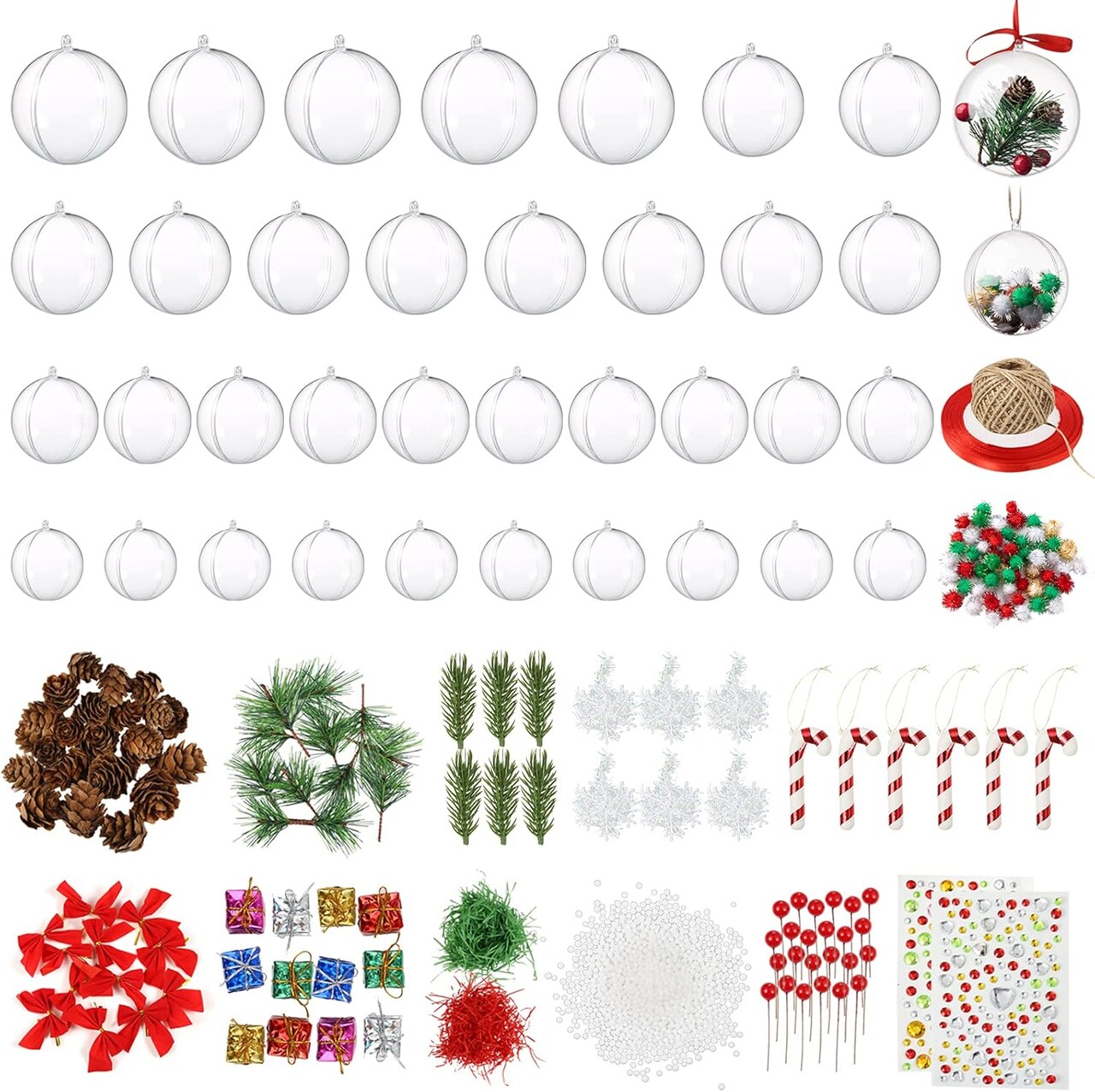 Clear Ornament Ball Craft Set, 35 Pack Fillable Plastic Balls Christmas Ornaments with DIY Accessories for Christmas Tree Ornaments New Year Holiday Party Home Wedding Decoration
